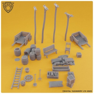 Wild West Scatter Pack 28mm Tabletop Gaming RPG Fässer Kisten Wagen Telegraph