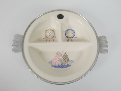 Vintage Excello Baby Dish Warmer Cats & Clocks Divided Ceramic Dish