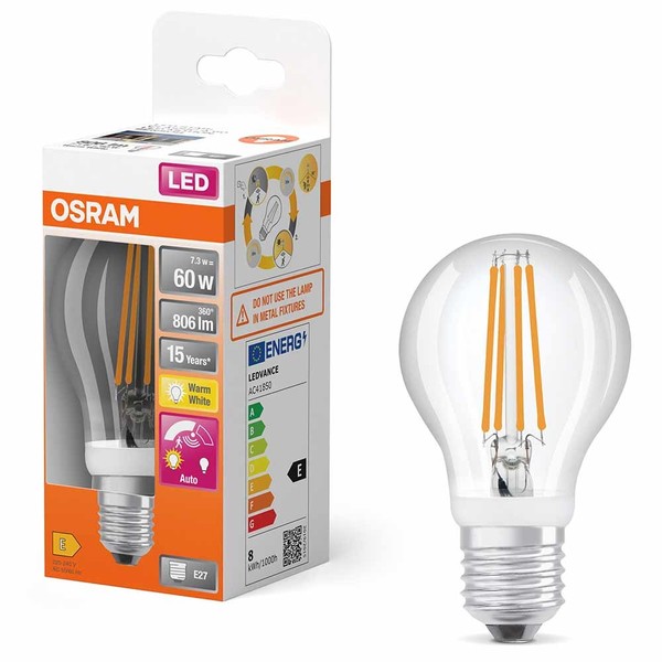 Osram Led Filament A60 Birne 7,3W = 60W E27 Klar Warmweiß 2700K Bewegungsmelder-image