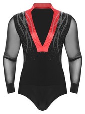 Mens Set Chacha Outfits Jazz Dancewear Dancing Sheer Leotard Long Sleeve Dance