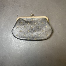 Vintage Black Pebble Coin Purse Kiss Lock Wallet Gold Tone Hardware Leather 1960