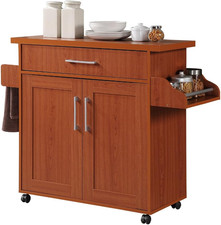 Cherry Rolling Kitchen Island Cart with Spice Rack Towel Holder