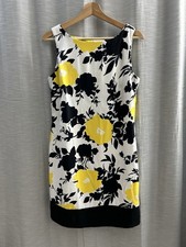 AB Studio Floral Sheath Dress Size 10 White Black Yellow Sleeveless Mod Career