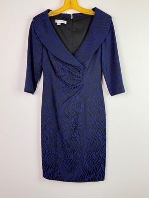 Kay Unger Blue Zebra Print Sheath Dress Sz 2 Ruched Mob Wife Art Deco Inspired