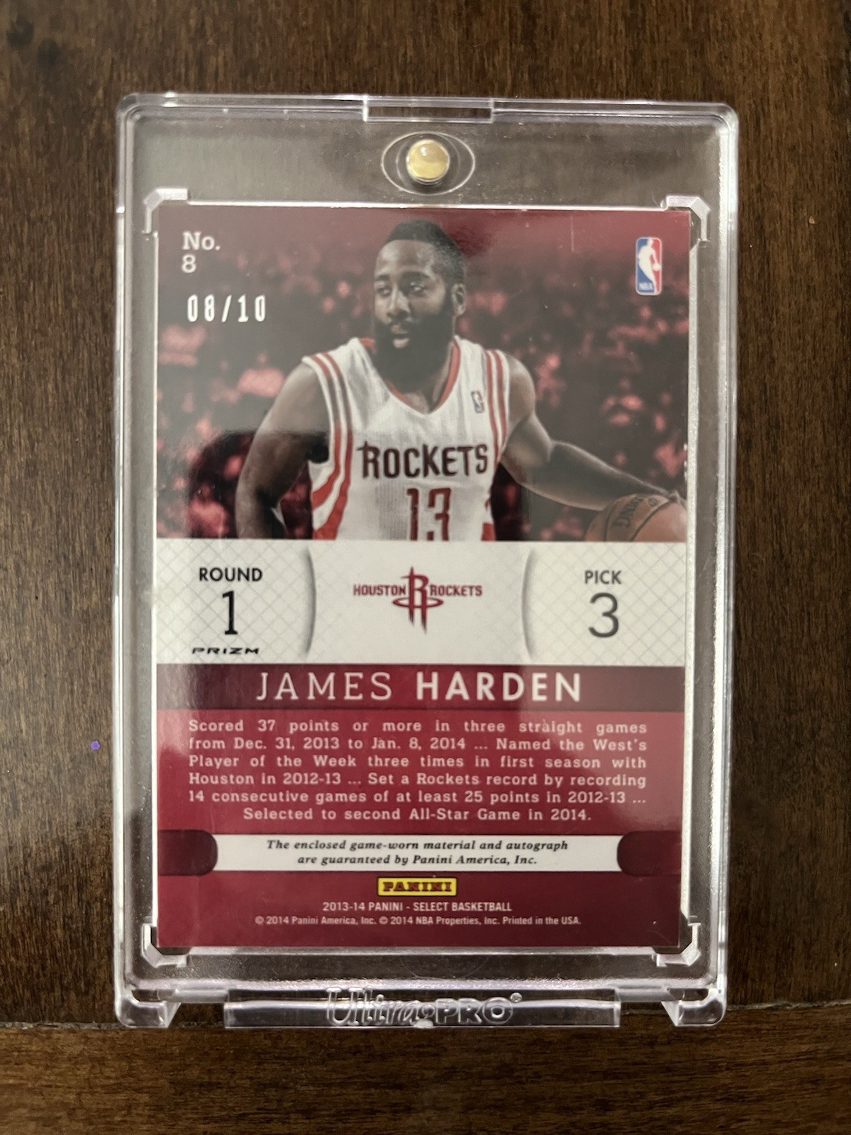 James Harden 2013-14 Panini Select Gold Patch Auto Autograph 8/10 Game Worn view 2