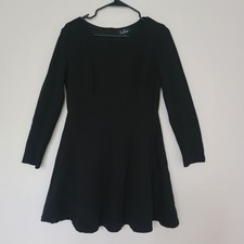Lulus Sz L Black Fit & Flare Mini Dress Long Sleeve Scoop Neck Made in USA Chic