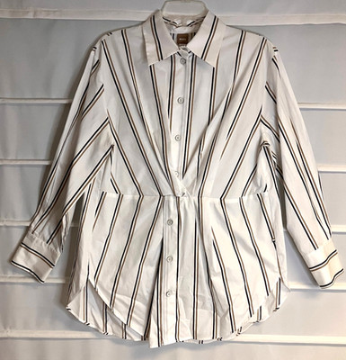 Hugo Boss Brown Beige Stripe Button Ruched Front Cotton LS Blouse Size 8 EC!