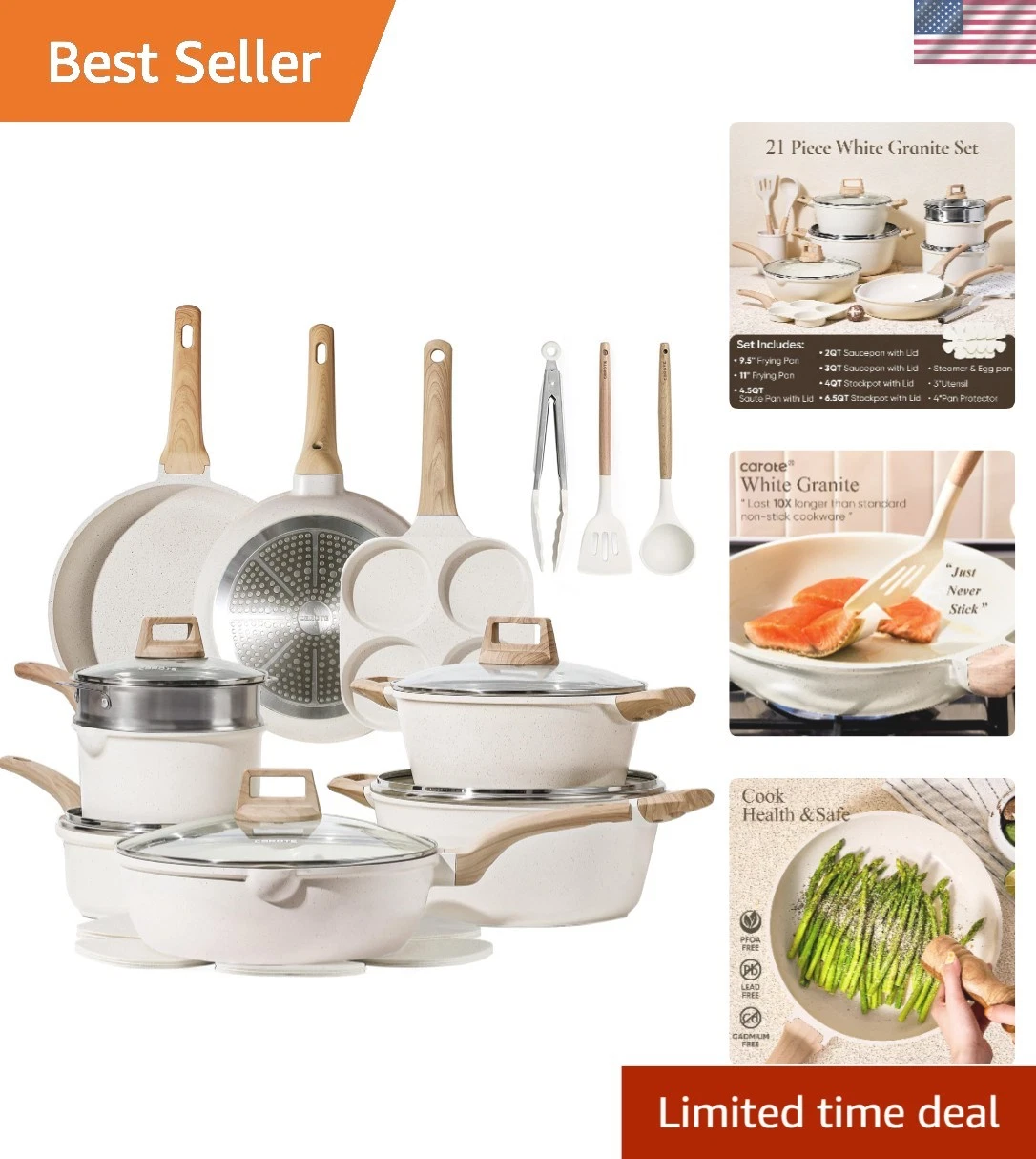 Pots and Pans Set Nonstick Cookware 21 Pieces Granite Induction Safe