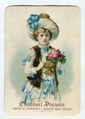 GlanzbilderOblaten scraps Prägekarte Mädchen weißes Kleid Rosen Poulain 10,8 cm