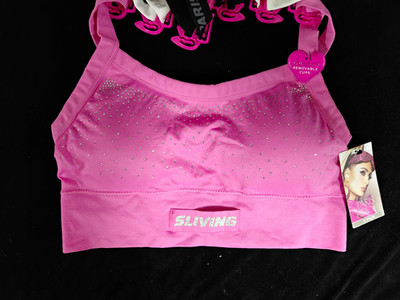 Paris Hilton Wireless Bralette Bra Set M Pink Black White Rhinestone Logo