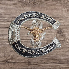 Cowboy Belt Buckle For Men Long Horn Bull Head 4.25"x3.75"Black Tone/Silver/Gold