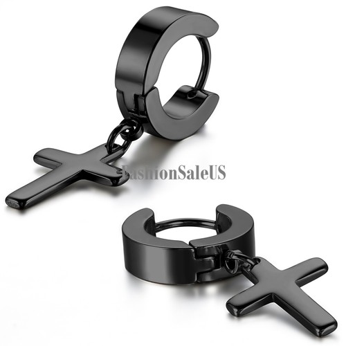 Herren Damen Edelstahl Feder Kreuz Ohrstecker Huggie Creolen U - Bild 15 von 24
