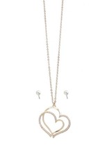 Double Heart with Faux Pearls Pendant Necklace and Earrings Set for Women