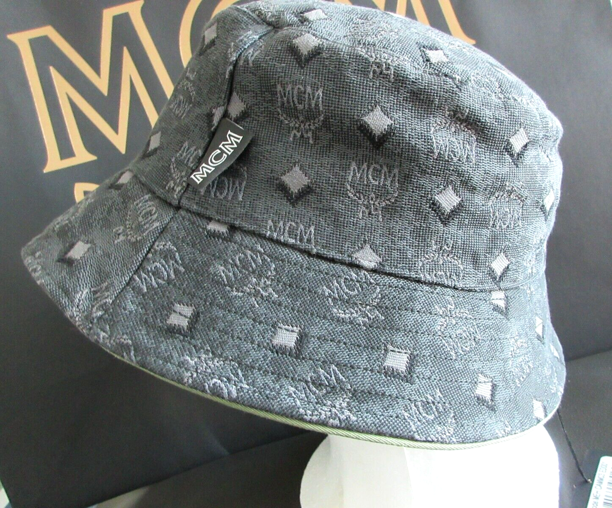 MCM Visetos Dark Grey Unisex Cotton Blend Monogram Logo Bucket Hat