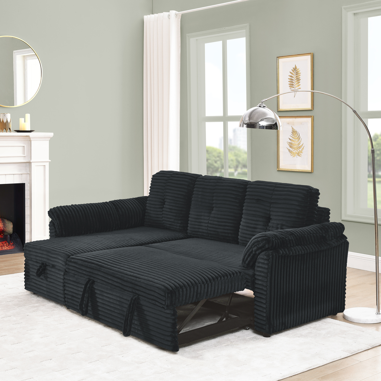 L-Shaped Corduroy Modular Sleeper Sectional Sofa with Tufted Upholstery