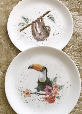  ROYAL WORCESTER WRENDALE BY HANNAH DALE TOUCAN SLOTH 2 PC SALAD PLATES 8''
