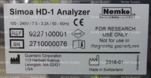QUANTERIX SIMOA HD-1 IMMUNOASSAY Biomarker Assay ANALYZER 9227100001
