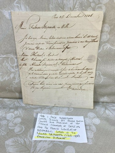 Lettre 1806 Relations Franco-Américaines d'André Dupin Avocat et Président de t