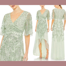 NWT $498 Mac Duggal [ 18 ] Sequined Butterfly Sleeve High Low Gown Sage #G1728