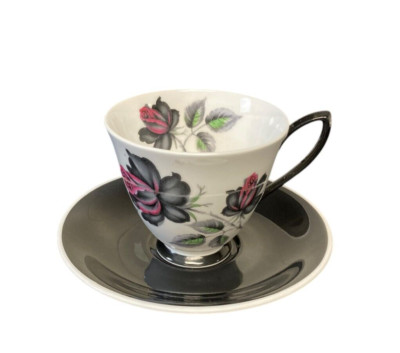 Royal Albert Masquerade Teacup & Saucer Red Black Rose Bone China 1950s
