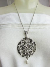 Vintage AVON Faux Pearl Teardrop Fancy Medallion Pendant Necklace 20" Chain