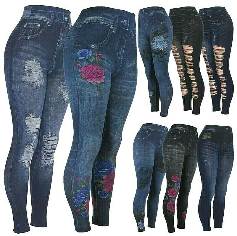 High Waist Womens Faux Denim Jean Leggings, Slim Stretch Pencil Jegging - Image 3 of 3