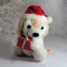 VINTAGE RUSS BERRIE SMALL MUFFIN CHRISTMAS PUDDY DOG HOLDING PRESENT PLUSH