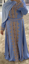 Damen Abendkleid lang Blau Gold Langarm besti...