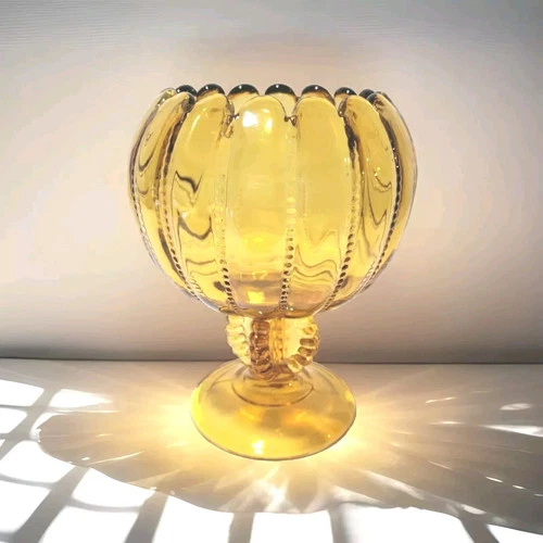 Northwood Amber Glass Pedestal Vase Rose Bowl Beaded Panel Mid Century Vintage