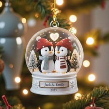 Penguin Couple Ornament Personalized Snow Globe Name Date Christmas Gift