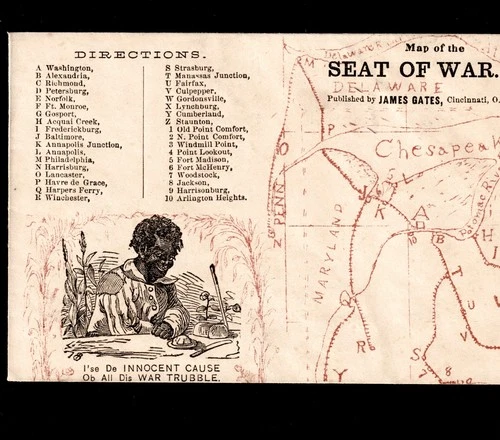 1860's Civil War Map Seat of War Black RARE "E" Envelope Gates Cover SR.cc.sWbl