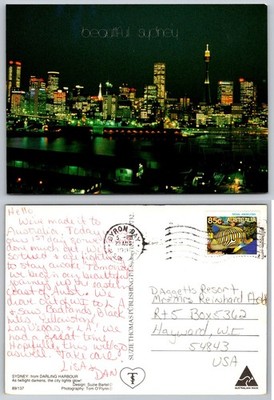 Beautiful Sydney Australia Night Skyline Darling Harbour Postcard 1990 Posted