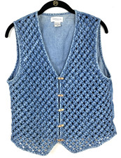 Vintage Woven Lattice Denim Vest Wood Toggle Button Boho Cowgirl Cottagecore M