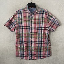 Izod Mens Button Shirt Pink Blue Plaid Large Cotton Short Sleeve Collar