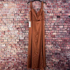 Azazie Ocean Stretch Auburn A-Line V-Neck Pleated Stretch Satin Dress Size A14