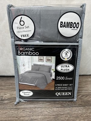 Queen Organic Bamboo Sheet Set Ultra Plush 6 Pc Pocket Luxury Bedding Gray