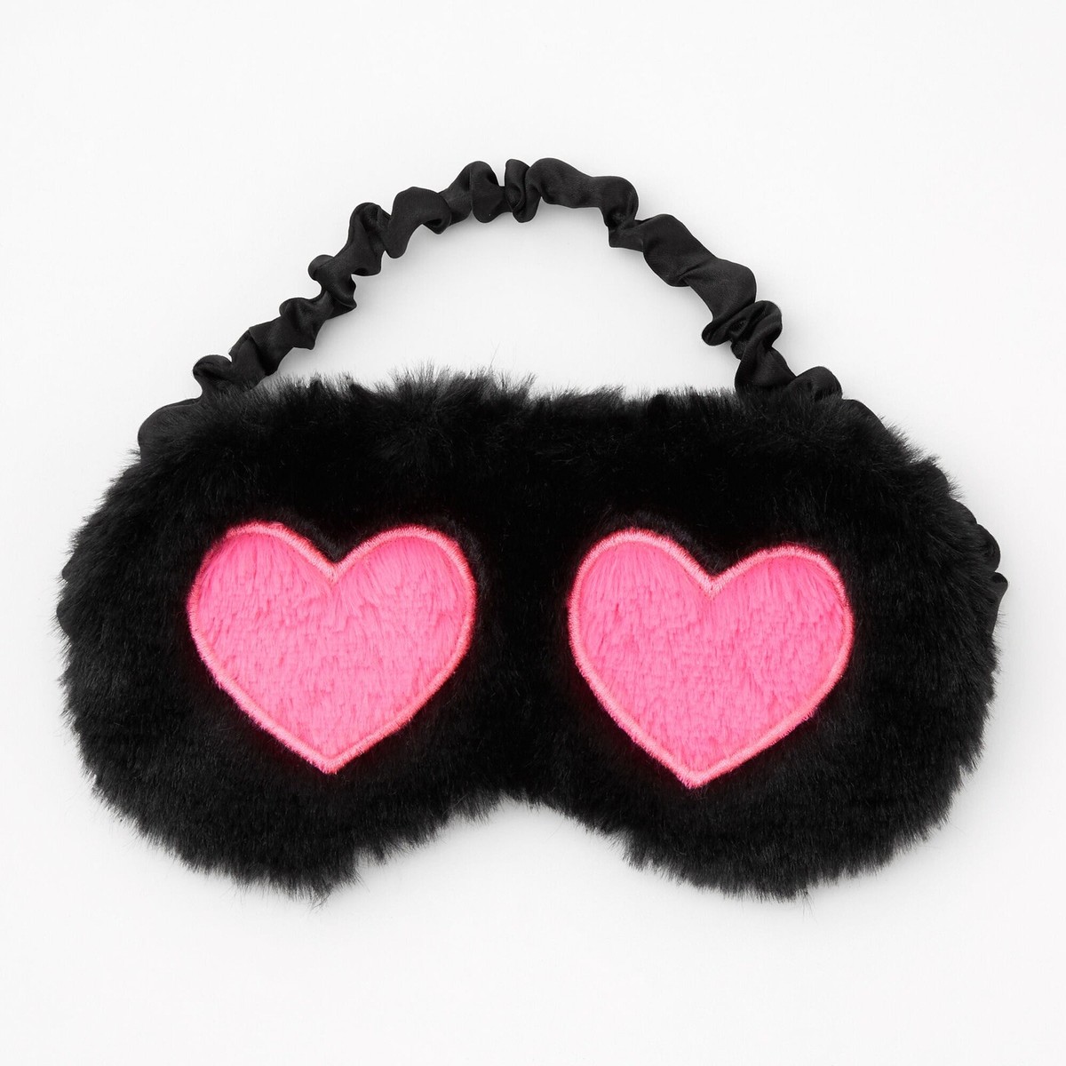 Pink Hearts Black Sleep Mask Fuzzy Furry Soft Sleep Aid Plush