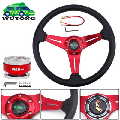 14'' Red Deep Dish Racing Steering Wheel w/ Quick Release Adapter & Horn Button