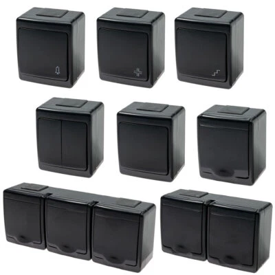 AMSLIGHT Aufputz Ein Aus Schalter Doppelschalter Steckdose IP44 Feuchtraum Schuko Schwarz