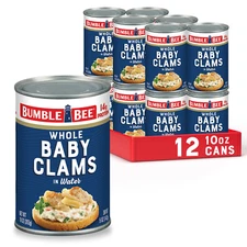 Whole Baby Canned Clams, 10 Oz Can (Pack of 12) - Ready to Eat - 13G Protein per