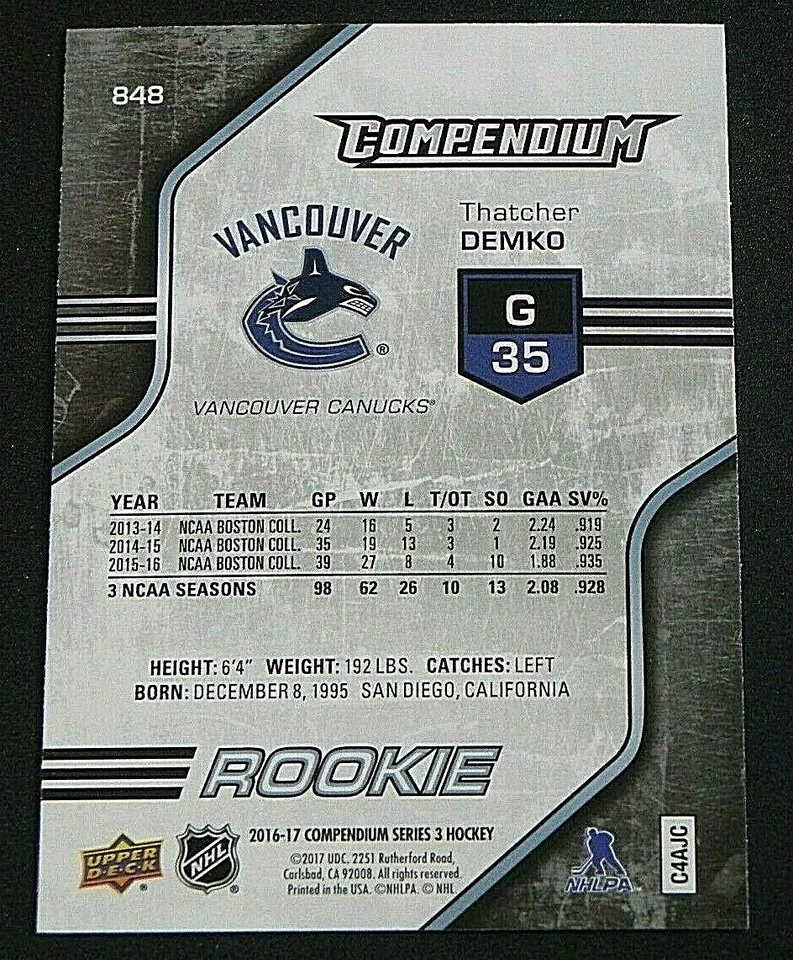 2016-17 16/17 Upper Deck Compendium BLUE ROOKIE #848 Thatcher Demko Canucks - Image 2 of 2