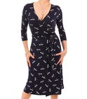New Navy Blue Dragonfly Print Genuine Wrap Dress - V Neck - 3/4 Length Sleeves