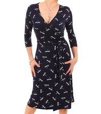 New Navy Blue Dragonfly Print Genuine Wrap Dress - V Neck - 3/4 Length Sleeves