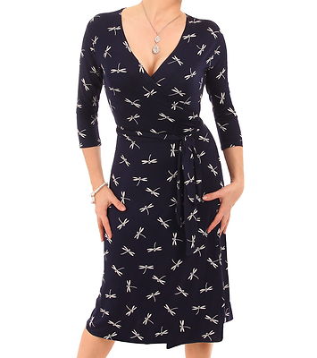 Neues dunkelblaues echtes Wickelkleid mit Libellenmuster - V-Ausschnitt - 3/4-Arm 
