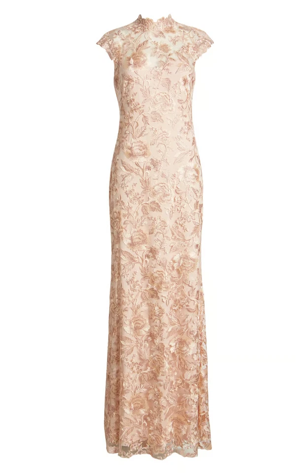 Vestido TADASHI SHOJI Flor de Melocotón Bordado Encaje Cuello Simulado Ilusión Transparente 6 EE. UU. Foto 4 de 4