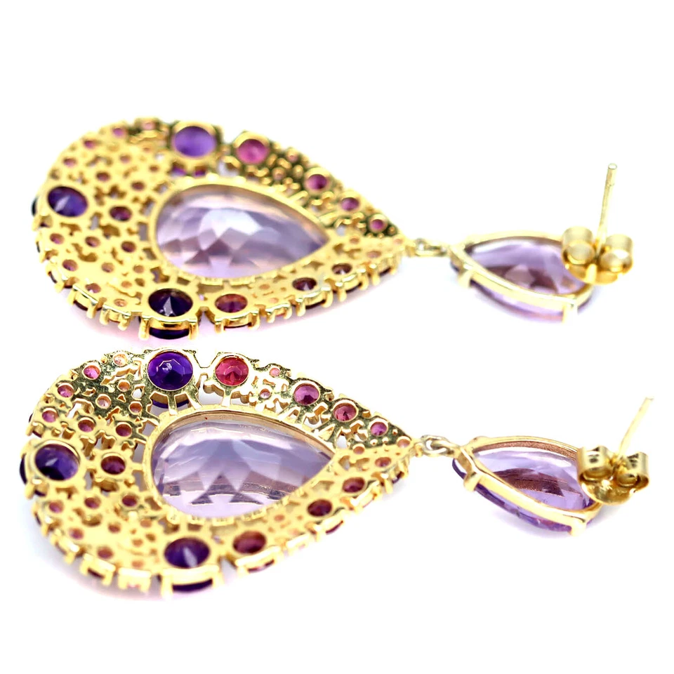 Gemstone Lavender Quartz, Amethyst, Rhodolite Garnet Earrings 925 Silver - Image 3 of 4