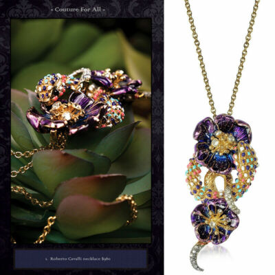 NEW $780 ROBERTO CAVALLI Gold Tone SNAKE FLOWER Enamel Swarovki Crystal NECKLACE