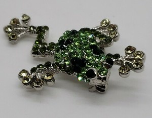 Vintage silver tone green rhinestone FROG brooch pin