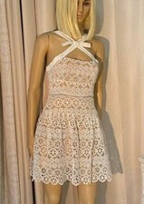 Xueyuanfeng 3D Flower Lace Overlay Beige/ Off White Mini Dress Bow Front  Small