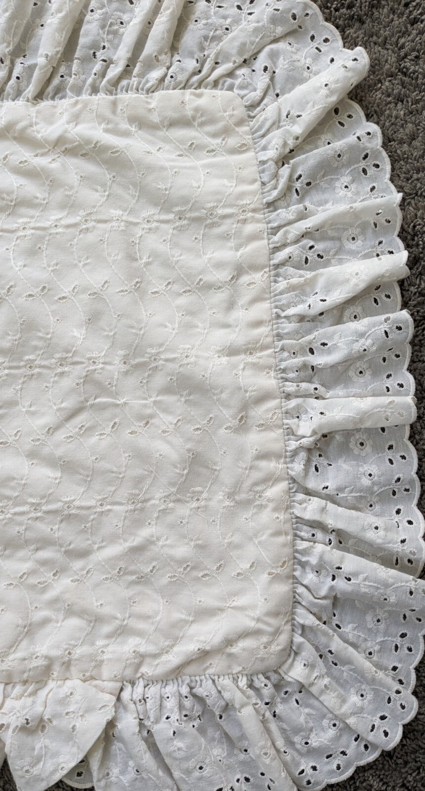 Pair Vintage Eyelet Lace Pillow Shams Cream Ruffle Cottagecore Shabby